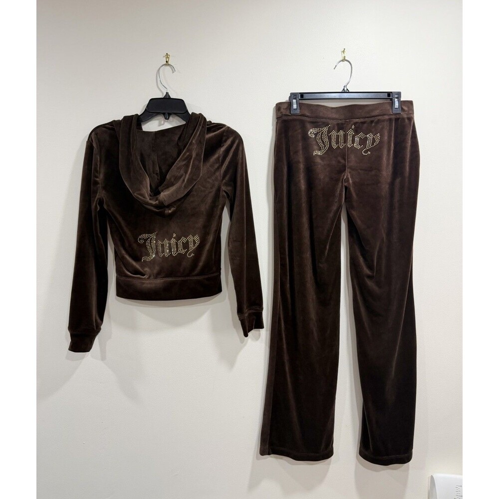 JUICY COUTURE Velour Rhinestone Tracksuit Set in Brown Sugar Hoodie & Pant Small